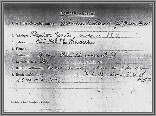 Gammelt dokument som viser Theodor Geggus' grunnleggelse av GEGGUS Entrance Matting i 1947.